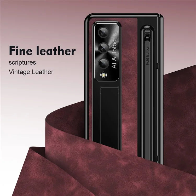 For Samsung Galaxy Z Fold4 5G Retro Phone Case Kickstand Cover with Tempered Glass Film and Stylus Pen
