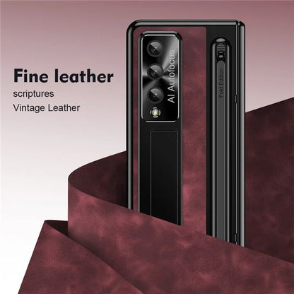 For Samsung Galaxy Z Fold4 5G Retro Phone Case Kickstand Cover with Tempered Glass Film and Stylus Pen