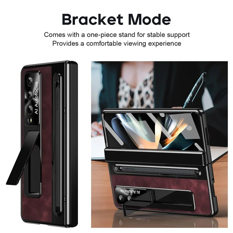 For Samsung Galaxy Z Fold4 5G Retro Phone Case Kickstand Cover with Tempered Glass Film and Stylus Pen