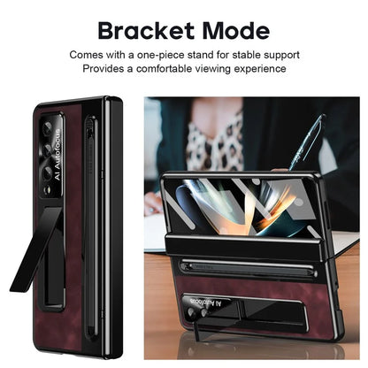 For Samsung Galaxy Z Fold4 5G Retro Phone Case Kickstand Cover with Tempered Glass Film and Stylus Pen
