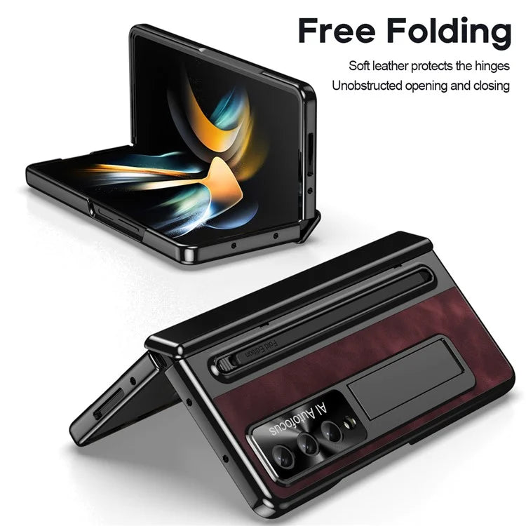 For Samsung Galaxy Z Fold4 5G Retro Phone Case Kickstand Cover with Tempered Glass Film and Stylus Pen