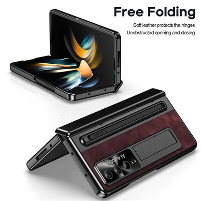 For Samsung Galaxy Z Fold4 5G Retro Phone Case Kickstand Cover with Tempered Glass Film and Stylus Pen