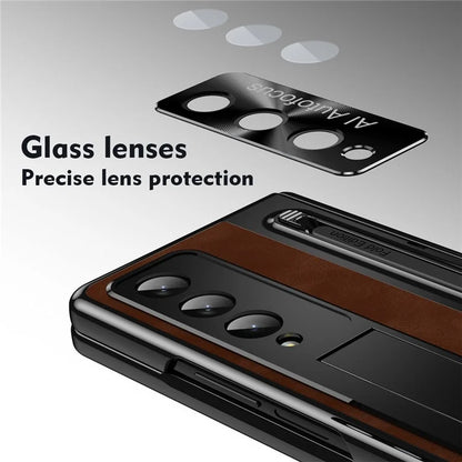 For Samsung Galaxy Z Fold4 5G Retro Phone Case Kickstand Cover with Tempered Glass Film and Stylus Pen