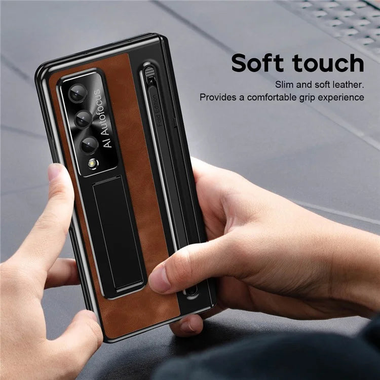 For Samsung Galaxy Z Fold4 5G Retro Phone Case Kickstand Cover with Tempered Glass Film and Stylus Pen