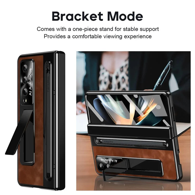 For Samsung Galaxy Z Fold4 5G Retro Phone Case Kickstand Cover with Tempered Glass Film and Stylus Pen