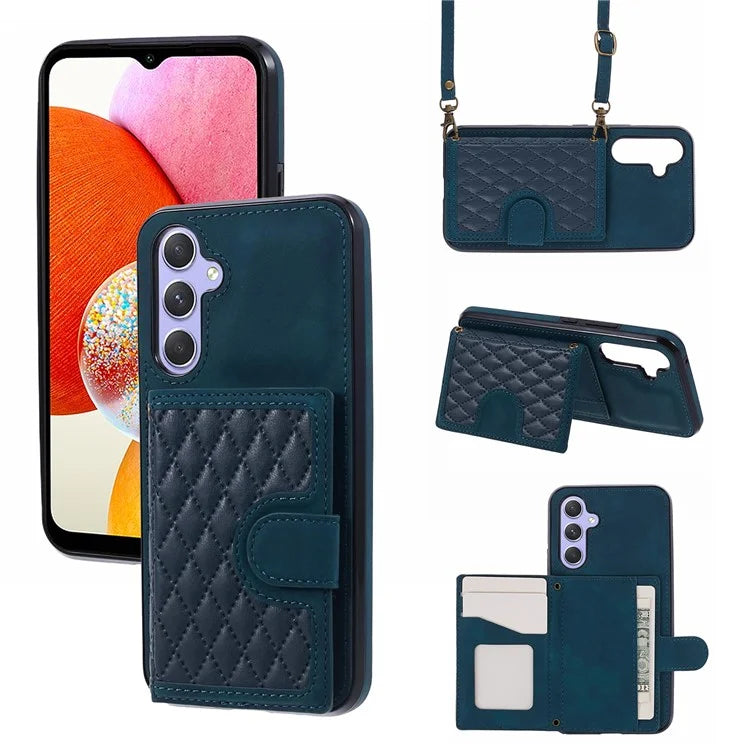 For Samsung Galaxy A14 5G / 4G Case Rhombus Grid Design Card Holder Shockproof Cover with Long Strap