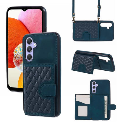 For Samsung Galaxy A14 5G / 4G Case Rhombus Grid Design Card Holder Shockproof Cover with Long Strap