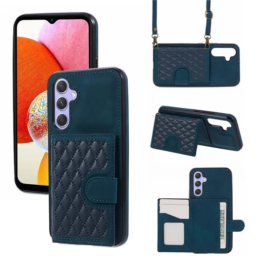For Samsung Galaxy A14 5G / 4G Case Rhombus Grid Design Card Holder Shockproof Cover with Long Strap