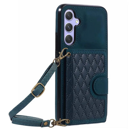 For Samsung Galaxy A14 5G / 4G Case Rhombus Grid Design Card Holder Shockproof Cover with Long Strap