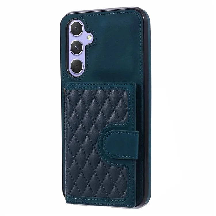 For Samsung Galaxy A14 5G / 4G Case Rhombus Grid Design Card Holder Shockproof Cover with Long Strap