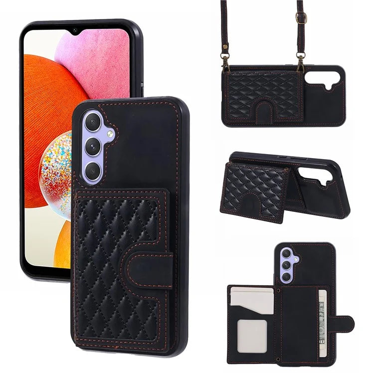For Samsung Galaxy A14 5G / 4G Case Rhombus Grid Design Card Holder Shockproof Cover with Long Strap