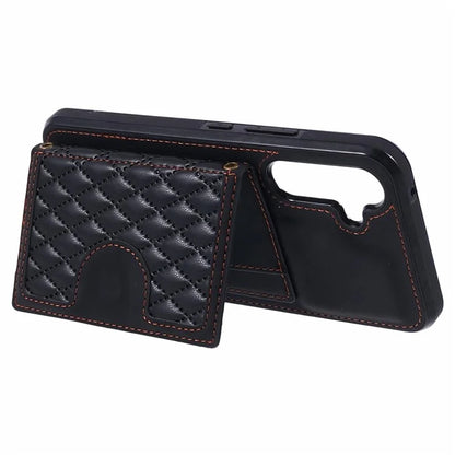 For Samsung Galaxy A14 5G / 4G Case Rhombus Grid Design Card Holder Shockproof Cover with Long Strap