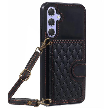 For Samsung Galaxy A14 5G / 4G Case Rhombus Grid Design Card Holder Shockproof Cover with Long Strap