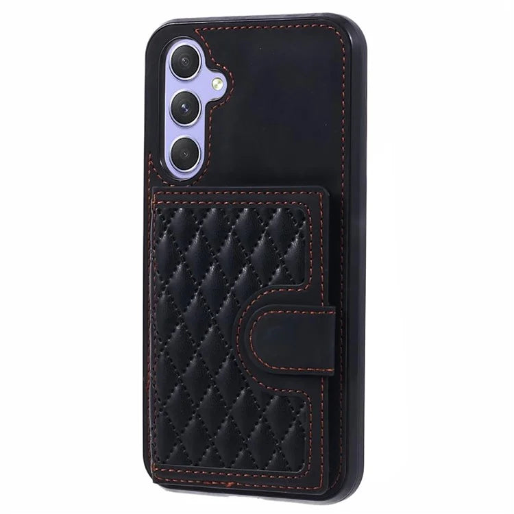 For Samsung Galaxy A14 5G / 4G Case Rhombus Grid Design Card Holder Shockproof Cover with Long Strap
