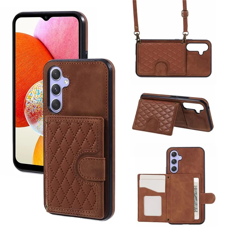 For Samsung Galaxy A14 5G / 4G Case Rhombus Grid Design Card Holder Shockproof Cover with Long Strap