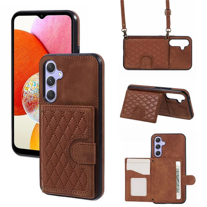 For Samsung Galaxy A14 5G / 4G Case Rhombus Grid Design Card Holder Shockproof Cover with Long Strap
