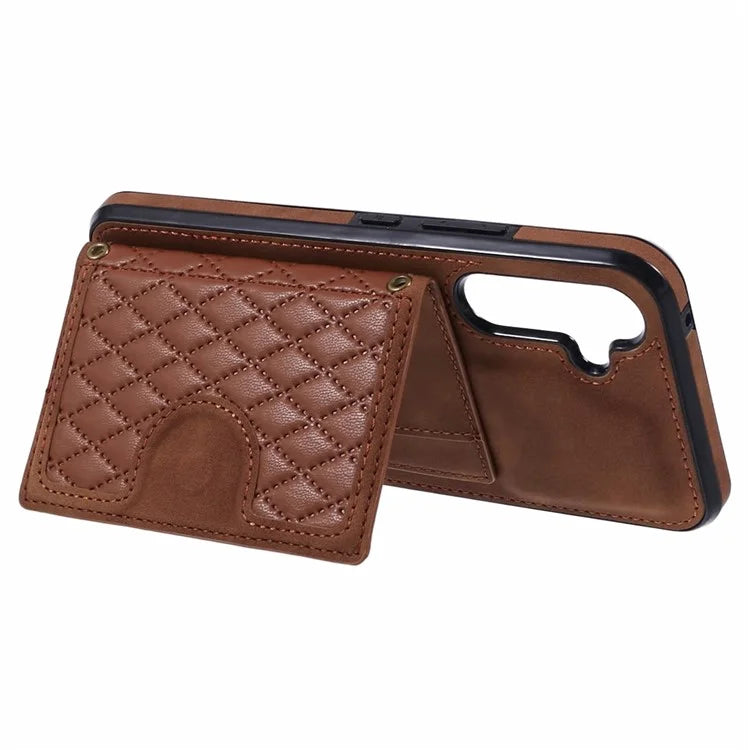 For Samsung Galaxy A14 5G / 4G Case Rhombus Grid Design Card Holder Shockproof Cover with Long Strap