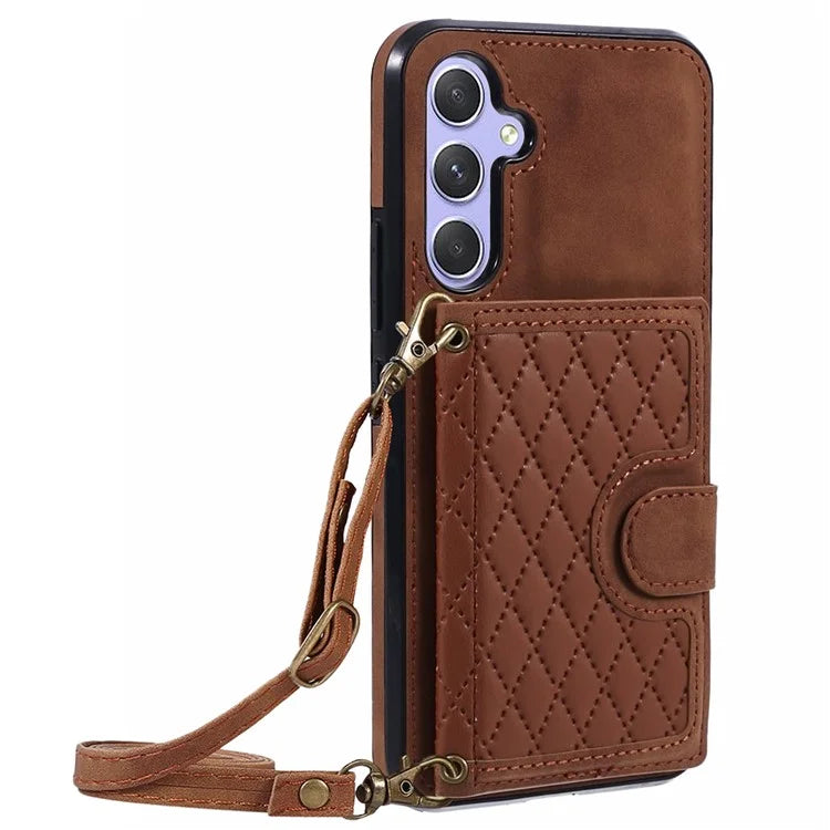 For Samsung Galaxy A14 5G / 4G Case Rhombus Grid Design Card Holder Shockproof Cover with Long Strap