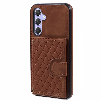 For Samsung Galaxy A14 5G / 4G Case Rhombus Grid Design Card Holder Shockproof Cover with Long Strap