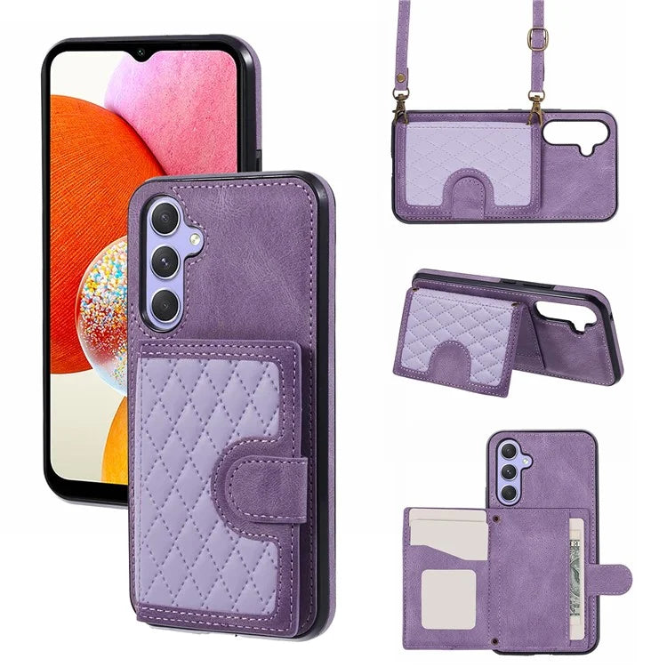 For Samsung Galaxy A14 5G / 4G Case Rhombus Grid Design Card Holder Shockproof Cover with Long Strap