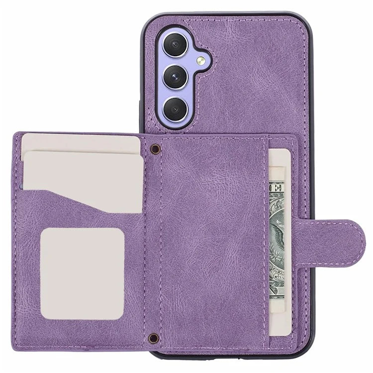 For Samsung Galaxy A14 5G / 4G Case Rhombus Grid Design Card Holder Shockproof Cover with Long Strap