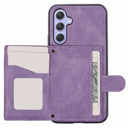 For Samsung Galaxy A14 5G / 4G Case Rhombus Grid Design Card Holder Shockproof Cover with Long Strap