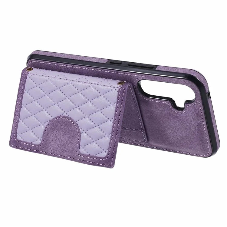 For Samsung Galaxy A14 5G / 4G Case Rhombus Grid Design Card Holder Shockproof Cover with Long Strap