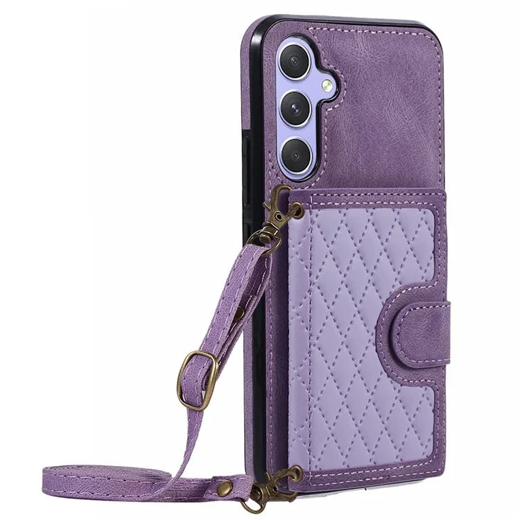 For Samsung Galaxy A14 5G / 4G Case Rhombus Grid Design Card Holder Shockproof Cover with Long Strap