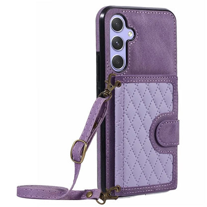 For Samsung Galaxy A14 5G / 4G Case Rhombus Grid Design Card Holder Shockproof Cover with Long Strap