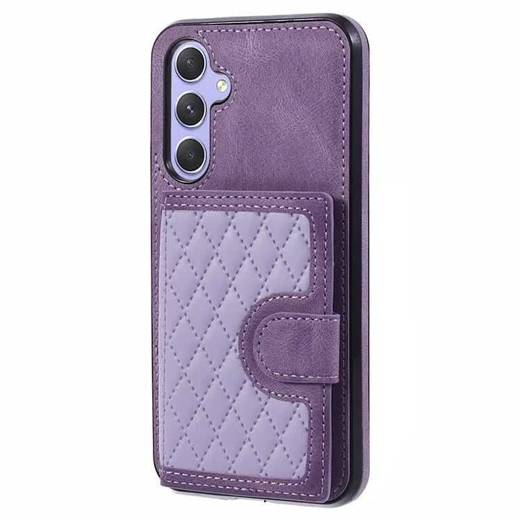 For Samsung Galaxy A14 5G / 4G Case Rhombus Grid Design Card Holder Shockproof Cover with Long Strap