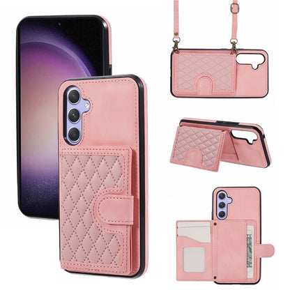 For Samsung Galaxy A14 5G / 4G Case Rhombus Grid Design Card Holder Shockproof Cover with Long Strap