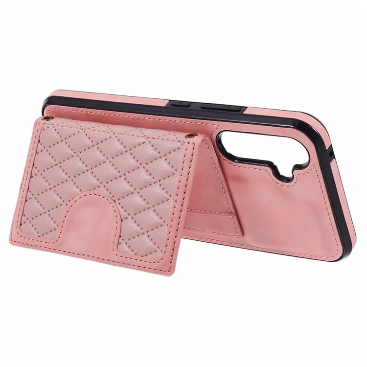 For Samsung Galaxy A14 5G / 4G Case Rhombus Grid Design Card Holder Shockproof Cover with Long Strap