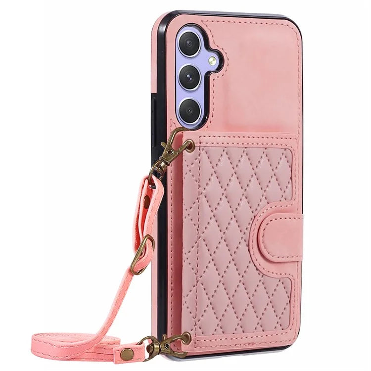 For Samsung Galaxy A14 5G / 4G Case Rhombus Grid Design Card Holder Shockproof Cover with Long Strap