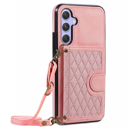 For Samsung Galaxy A14 5G / 4G Case Rhombus Grid Design Card Holder Shockproof Cover with Long Strap