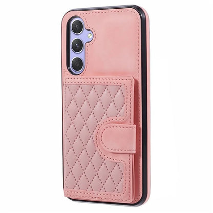 For Samsung Galaxy A14 5G / 4G Case Rhombus Grid Design Card Holder Shockproof Cover with Long Strap