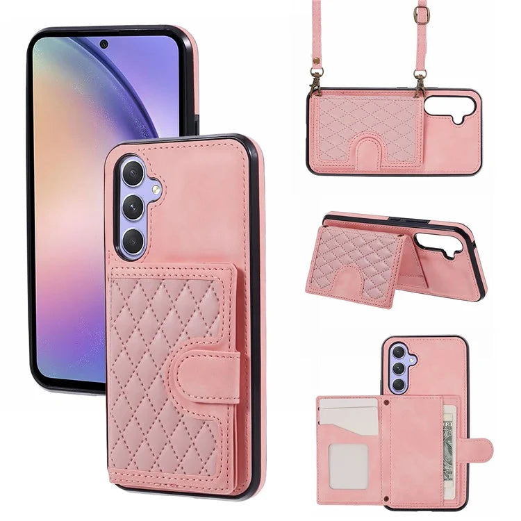 For Samsung Galaxy A54 5G Cover Card Holder Kickstand Anti-drop Cell Phone Case with Shoulder Strap