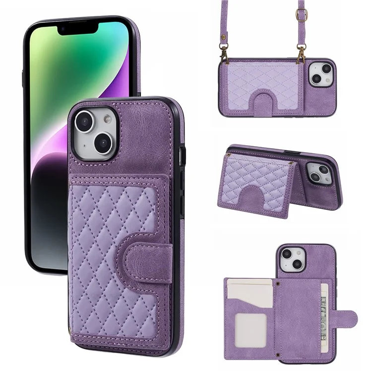 For iPhone 14 Case Leather+TPU Card Slots Phone Back Cover with Shoulder Strap