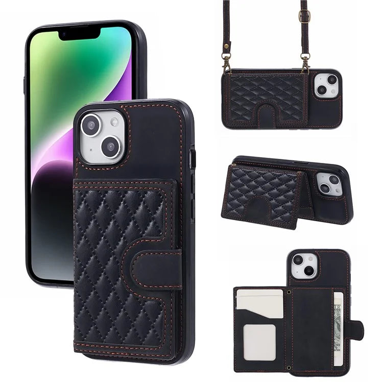 For iPhone 14 Plus Case Grid Imprinted Card Holder Leather Phone Shell with Shoulder Strap