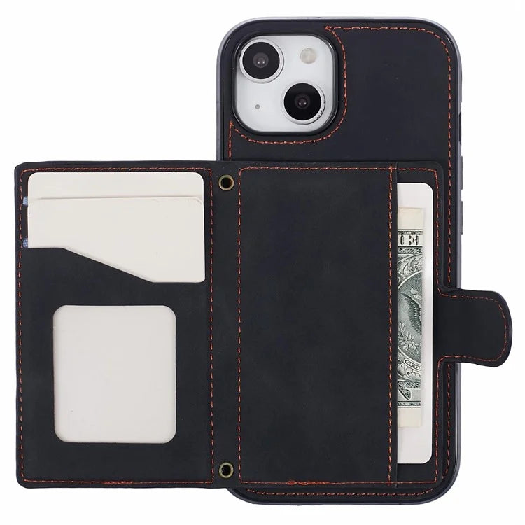 For iPhone 14 Plus Case Grid Imprinted Card Holder Leather Phone Shell with Shoulder Strap