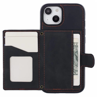 For iPhone 14 Plus Case Grid Imprinted Card Holder Leather Phone Shell with Shoulder Strap