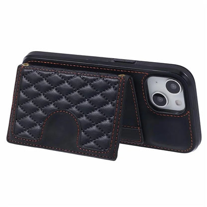 For iPhone 14 Plus Case Grid Imprinted Card Holder Leather Phone Shell with Shoulder Strap