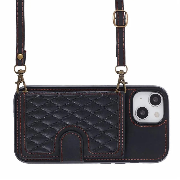 For iPhone 14 Plus Case Grid Imprinted Card Holder Leather Phone Shell with Shoulder Strap