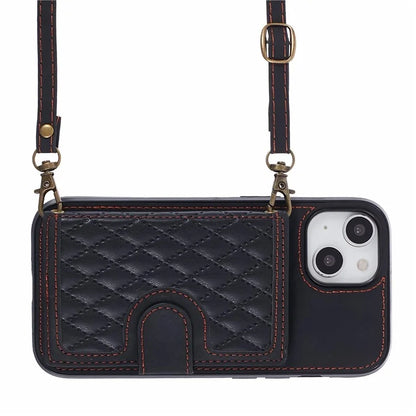 For iPhone 14 Plus Case Grid Imprinted Card Holder Leather Phone Shell with Shoulder Strap