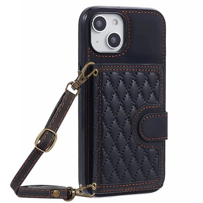 For iPhone 14 Plus Case Grid Imprinted Card Holder Leather Phone Shell with Shoulder Strap