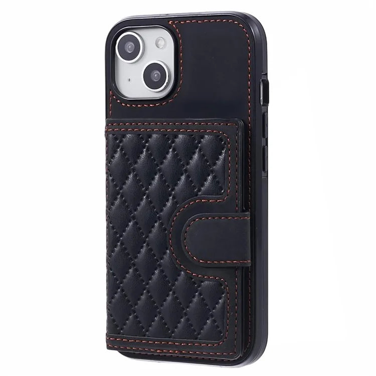 For iPhone 14 Plus Case Grid Imprinted Card Holder Leather Phone Shell with Shoulder Strap
