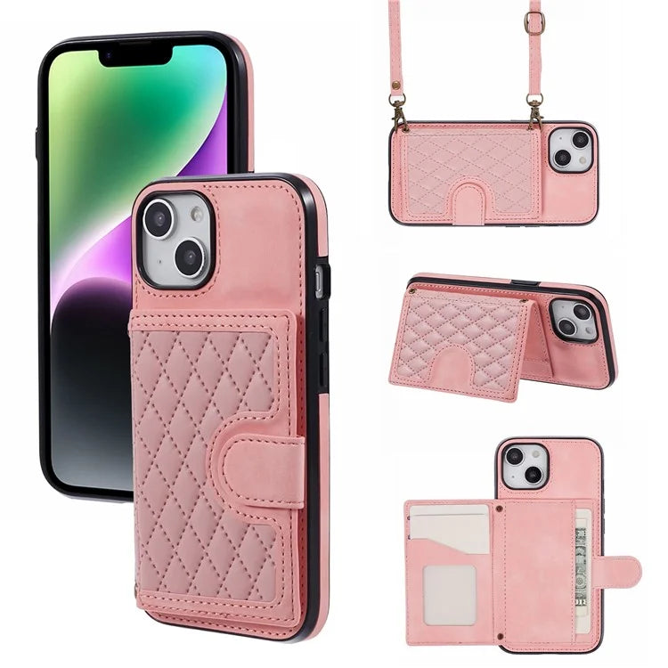 For iPhone 14 Plus Case Grid Imprinted Card Holder Leather Phone Shell with Shoulder Strap
