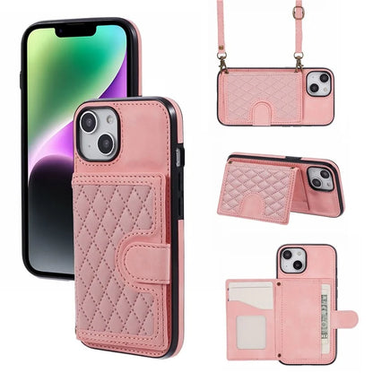 For iPhone 14 Plus Case Grid Imprinted Card Holder Leather Phone Shell with Shoulder Strap