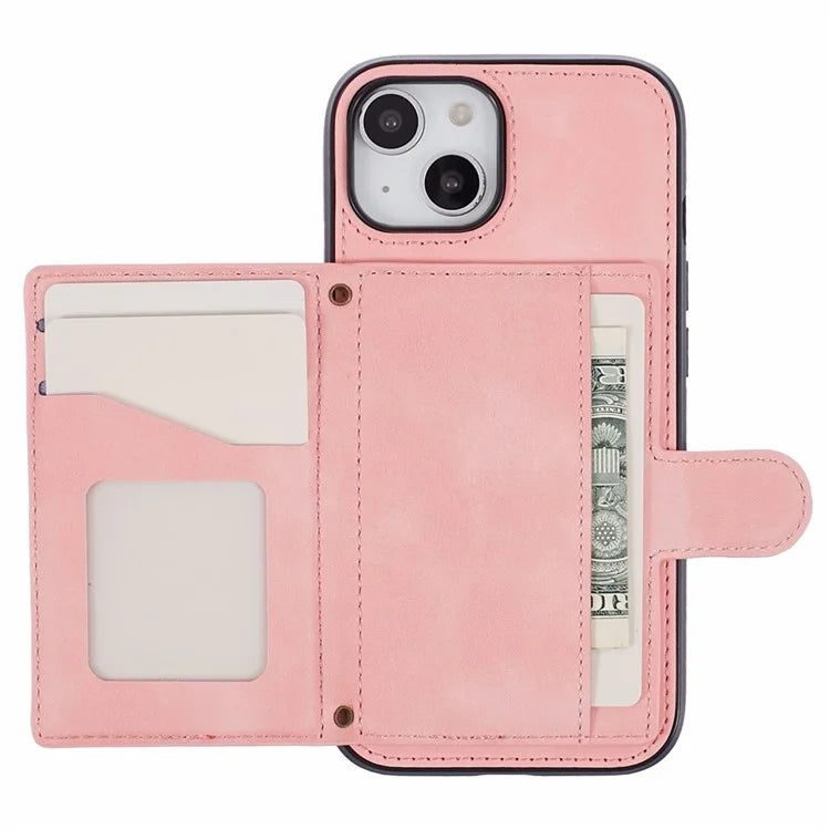 For iPhone 14 Plus Case Grid Imprinted Card Holder Leather Phone Shell with Shoulder Strap