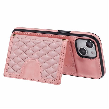 For iPhone 14 Plus Case Grid Imprinted Card Holder Leather Phone Shell with Shoulder Strap