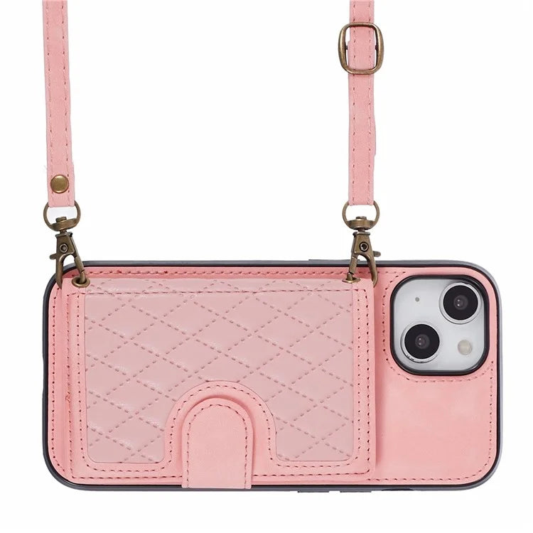 For iPhone 14 Plus Case Grid Imprinted Card Holder Leather Phone Shell with Shoulder Strap